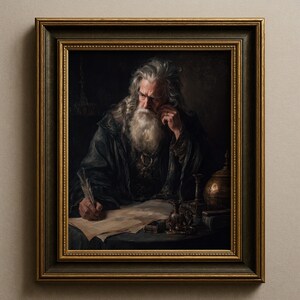 May include: A framed oil painting depicting an elderly person with long white hair and a beard, wearing a dark robe, writing on parchment with a quill. The scene includes a metallic vessel and inkwell on a table, all encased in a gold-toned frame.