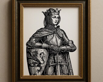 Crusader Queen Print, Medieval Woodcut Art, Lady Knight Illustration, Gothic Wall Decor
