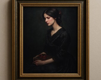 Dark Academia Portrait Wall Art, Gothic Romance Woman With Book Print, Moody Victorian Art