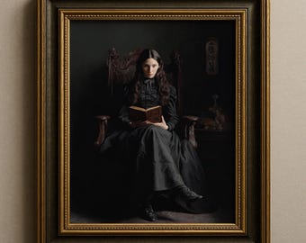 Gothic Art Print, Victorian Woman Reading Painting, Dark Academia Art