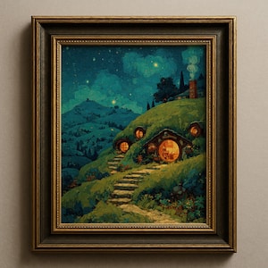 Gezellige kunst aan de muur Shire Cottage, grillige Cottagecore-print, fantasieboekdecor