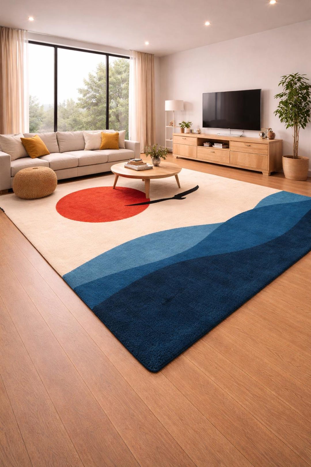 Hand Tufted Wool Area Rug, Modern Abstract Blue Rug With Red Accent ...