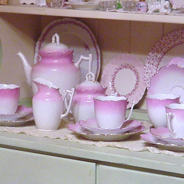 RESERVED Antique Porcelain Tea Set Pink White Teapot Sugar Creamer Cups Saucers Plates Cottage Chic 17pc