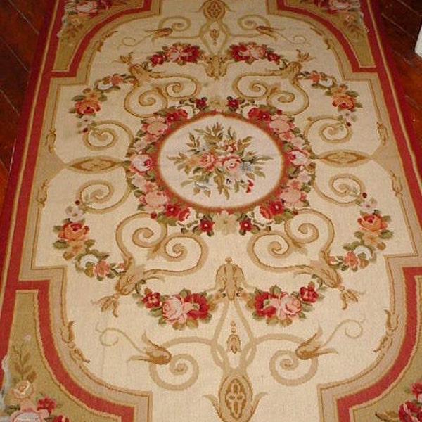 RESERVED Handmade Aubusson Rug Pink Roses 6 x 4 Needlepoint French Cottage Chic