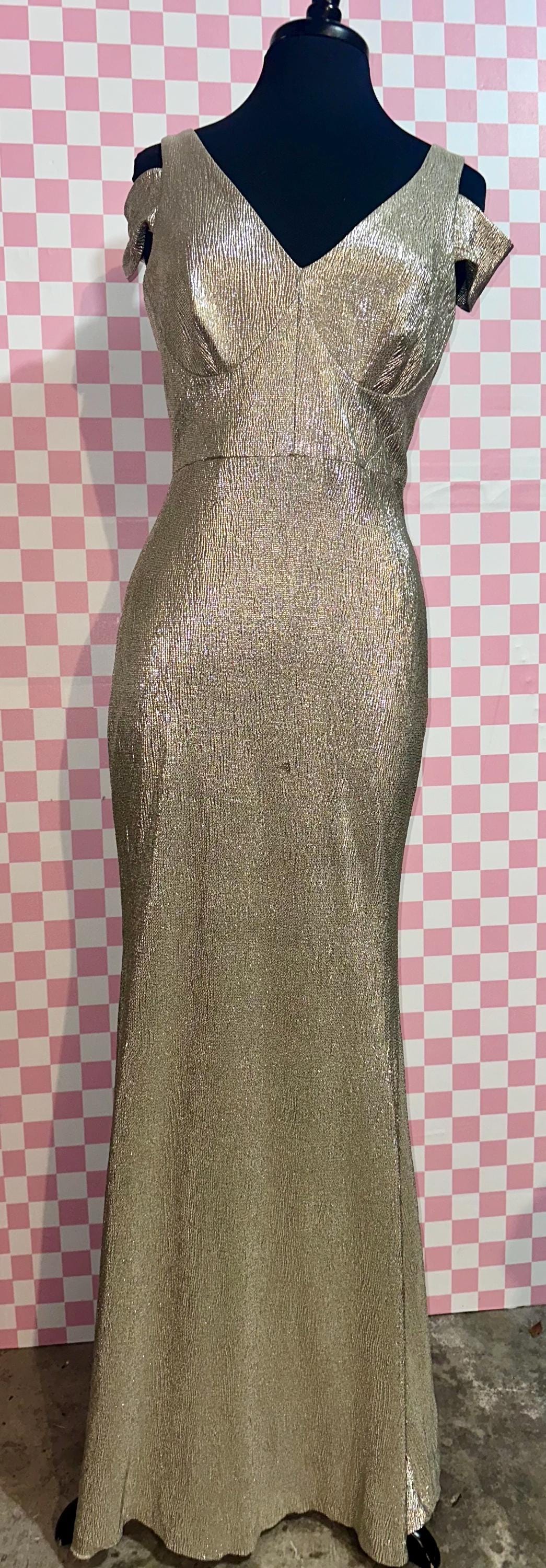 slim fit dress slacks Gold Slinky Asymmetrical Midi Dress