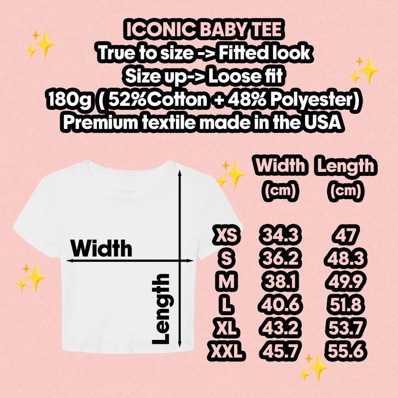 May include: A white t-shirt with a size chart displaying width and length measurements in centimeters for sizes XS through XXL. The text reads: ICONIC BABY TEE, True to size -> Fitted look, Size up -> Loose fit, 180g (52% Cotton + 48% Polyester).