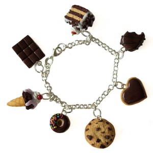 Chocolate dream bracelet, donut, cupcake, cookie, bonbon, ice cream, chocolate cookie, chocolate cake, made from polymer clay, sweet, kawaii
