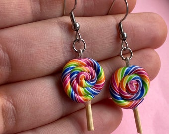 Lollipop earrings, lolly, cute, kawaii, sweets, candy, lollipops, fimo, coloured, rainbow colours