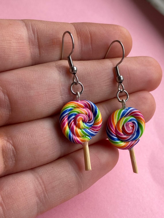Lollipop earrings lolly cute kawaii sweets candy lollipops fimo coloured rainbow colours
