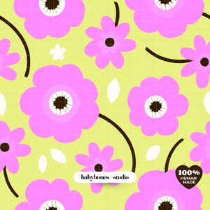 May include: A seamless pattern featuring bright pink flowers with dark brown centers on a light lime green background. The design includes curved dark brown stems, small white petals, and a white label with the text babybones studio and a heart icon.