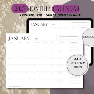 May include: A 2027 monthly calendar in landscape orientation, featuring a clean white layout with black text. The design includes a monthly goals section and a space for affirmations. It is compatible with tablets and printable in US Letter size.