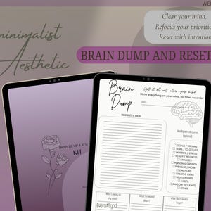 Può includere: Uno schermo di un planner digitale che mostra un kit per il brain dump e il reset. Il display presenta una sezione a righe per pensieri e idee, un'illustrazione di un cervello e caselle di controllo per categorie come obiettivi e benessere.