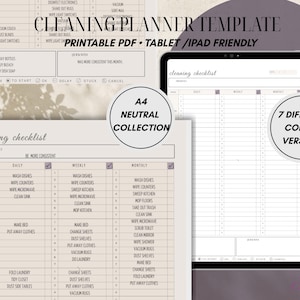 Puede incluir: Una plantilla de planificador de limpieza digital mostrada en una tableta y una hoja impresa. El documento presenta una lista de verificación de limpieza con columnas diarias, semanales y mensuales, A4 NEUTRAL COLLECTION.