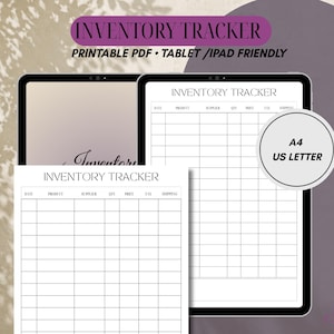 May include: An inventory tracker template displayed on a tablet and as a printed sheet. The document features columns for date, product, supplier, qty, price, tax, and shipping. A circular badge indicates A4 and US Letter size compatibility for the PDF.