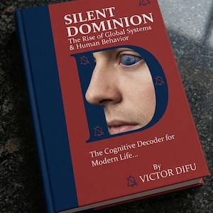 Może przedstawiać: Książka w twardej oprawie zatytułowana "SILENT DOMINION" z czerwoną okładką i niebieskim grzbietem. Na okładce widnieje twarz mężczyzny z spiralnym wzorem oka w dużej literze "D". Podtytuł książki brzmi "The Rise of Global Systems & Human Behavior".