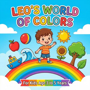 以下が含まれることがあります： 虹の上にいる男の子のカラフルなイラストで、「LEO'S WORLD OF COLORS」というテキストがあります。赤いリンゴ、ビーチボール、ボート、ヒマワリ、太陽、木が含まれています。下部のテキストは「For Kids Age 3 to 5 Years」と書かれています。