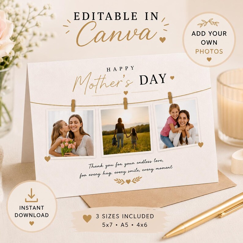 Editable Mother’s Day Card Template Canva | Photo Card Printable ...