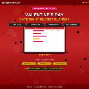 May include: A red digital planner for Valentine's Day, featuring a laptop screen displaying a budget dashboard. The planner includes features like 8 pro sheets, gamified XP, and over 200 formulas. The text reads "Instant Digital Download."