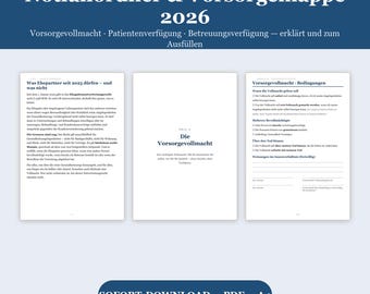 Notfallordner zum Ausfüllen | Vorsorgevollmacht, Patientenverfügung, Betreuungsverfügung | Notfallmappe Angehörige | A4 Download
