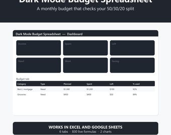 Dark Mode Budget Spreadsheet | Monthly Planner, 50/30/20 Check (Excel, Google Sheets)