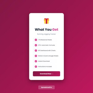 Könnte beinhalten: Werbung für ein digitales Produkt auf magentafarbenem Hintergrund. Die weiße Karte zeigt den Text „Was Sie bekommen“ und Details für einen Running Jogging Tracker, einschließlich professioneller Tabellen, Formeln, ein KPI-Dashboard und sofortiger Download. Oben befindet sich ein Geschenk-Symbol.