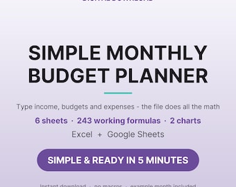 Simple Monthly Budget Planner Excel Google Sheets Template, Easy Budget Spreadsheet for Beginners, Expense Tracker plus Savings Goal