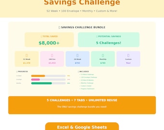 Savings Challenge Tracker Excel & Google Sheets | 52 Week 100 Envelope No Spend Challenge Spreadsheet | Digital Download