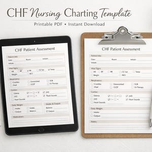 May include: A digital tablet and a clipboard with a medical assessment form titled "CHF Patient Assessment". The tablet and clipboard are next to a cup of coffee, a pen, and a stethoscope. The text "CHF Nursing Charting Template" is at the top.
