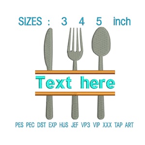 May include: An embroidered design of a knife, fork, and spoon, with the text "Text here". Sizes are indicated as 7.6, 10.2, and 12.7 cm. The design is in shades of gray and teal, suitable for kitchen or dining decor.