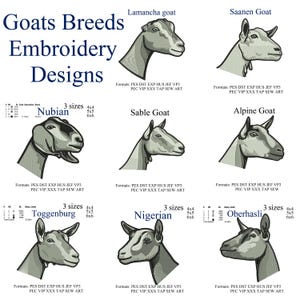 May include: A digital illustration featuring various goat breeds, including Lamancha, Saanen, Nubian, Sable, Alpine, Toggenburg, Nigerian, and Oberhasli. The text "Goats Breeds Embroidery Designs" is displayed at the top.