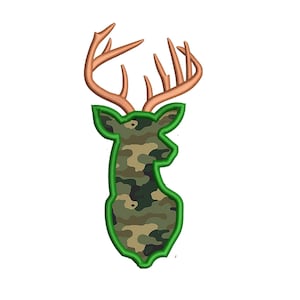May include: Embroidered patch featuring a deer head silhouette with brown antlers and a camouflage pattern. The deer head is outlined in green, creating a striking contrast against the white background.