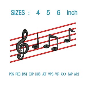 May include: Black musical notes and a treble clef on red lines, with the text "SIZES: 4 5 6 inch". The design includes the text "PES PEC DST EXP HUS JEF VP3 VIP XXX TAP ART".