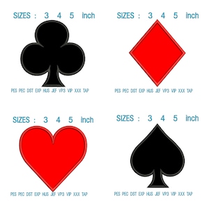 May include: Four playing card suit designs: a black club, a red diamond, a red heart, and a black spade. Each design is available in 3, 4, and 5-inch sizes. The text "SIZES: 3 4 5 inch" is displayed above each suit.