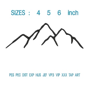 Op de afbeelding: Zwart bergketenontwerp met de tekst "SIZES: 4 5 6 inch". Onder de bergketen staan de bestandsformaten: PES PEC DST EXP HUS JEF VP3 VIP XXX TAP ART.