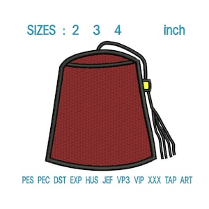 May include: An embroidered design of a red fez hat with a black outline and tassel. The image includes the text "SIZES: 2 3 4 inch" and file type abbreviations. This design is available in sizes 2, 3, and 4 inches.