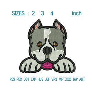 May include: Embroidered dog design in gray, white, and black with a pink tongue. The design includes the text "SIZES: 2 3 4 inch" and various file format abbreviations. This design is suitable for embroidery projects.
