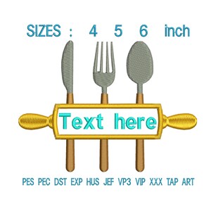 May include: An embroidered design of a knife, fork, and spoon above a rolling pin. The text "Text here" is inside a rectangle. The sizes are 10, 12.7, and 15.2 cm. The design is in shades of gold, brown, and grey.