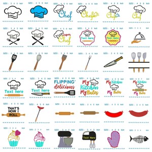 Könnte beinhalten: Eine Sammlung von Stickmustern mit Kochmützen, Küchenutensilien und Lebensmitteln. Designs enthalten Texte wie "Chef", "Super Chef" und "My Kitchen My Rules". Größenangaben in cm.