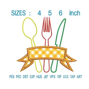 May include: An embroidered design featuring a yellow spoon, red fork, and green knife above a yellow and white checkered banner. The text "SIZES: 4 5 6 inch" is above the utensils. Below the banner are embroidery file formats.