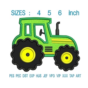 Puede incluir: Diseño de tractor verde con ruedas negras y centros amarillos. La imagen incluye el texto "SIZES: 4 5 6 inch" y abreviaturas de formato de archivo. Un diseño colorido para proyectos de manualidades o bordado.