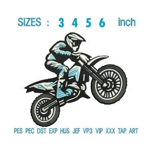 Może przedstawiać: Haftowany wzór motocyklisty motocrossowego na motocyklu, z tekstem "SIZES: 3 4 5 6 inch" powyżej. Wzór jest czarny i jasnoniebieski. Poniżej znajdują się skróty formatów plików haftu.