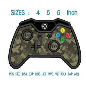 May include: A camouflage-patterned video game controller with the text "SIZES: 4 5 6 inch" in blue. The controller has black buttons and colored buttons in yellow, blue, green, and red. The bottom of the image has text in blue.
