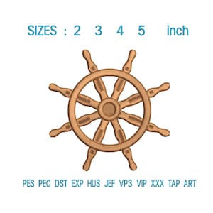 Könnte beinhalten: Ein braunes Steuerrad-Stickdesign. Der Text über dem Rad lautet "SIZES: 2 3 4 5 inch". Unter dem Rad befinden sich Abkürzungen für Stickdateiformate. Das Rad ist etwa 5 bis 13 cm groß.