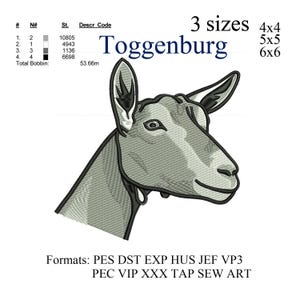 Puede incluir: Un diseño bordado de la cabeza de una cabra Toggenburg de perfil, con sombreado detallado y un contorno negro. La imagen incluye texto que indica tres opciones de tamaño: 10,16 x 10,16 cm, 12,7 x 12,7 cm y 15,24 x 15,24 cm. Texto adicional enumera formatos de bordado.