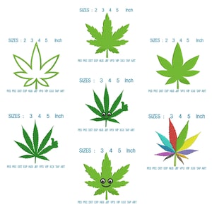 May include: A collection of green cannabis leaf embroidery designs in various styles. Each design is available in sizes 2, 3, 4, and 5 inches. The designs include outlines, solid fills, and a colorful variation.