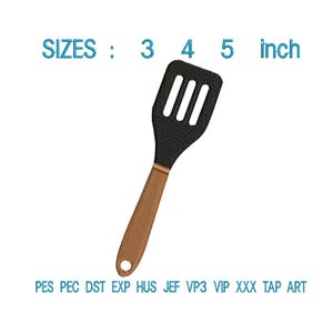 May include: Black spatula with a brown handle. The image includes the text "SIZES: 3 4 5 inch" and file type abbreviations. The spatula is a kitchen utensil used for flipping food.