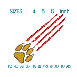 Può includere: Un disegno ricamato con un'impronta di zampa dorata con contorni marroni e segni di artigli rossi. Il testo "SIZES: 4 5 6 inch" è sopra il disegno e "PES PEC DST EXP HUS JEF VP3 VIP XXX TAP ART" sotto.