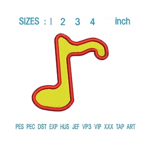 May include: A yellow musical note design with a red outline. The image includes the text "SIZES: 1 2 3 4 inch" and file type abbreviations. This design is likely for embroidery or digital art projects.