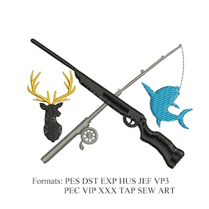 Könnte beinhalten: Gesticktes Design mit einem schwarzen Gewehr, einer silbernen Angelrute, einem blauen Fisch und einem Hirschkopf mit goldenem Geweih. Das Design befindet sich auf weißem Hintergrund. Formate: PES DST EXP HUS JEF VP3 PEC VIP XXX TAP SEW ART.
