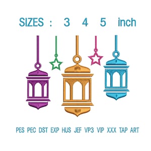 May include: Embroidered designs of hanging lanterns and stars in purple, green, gold, pink, and blue. The image includes the text "SIZES: 3 4 5 inch" and file type abbreviations. These designs are suitable for embroidery projects.